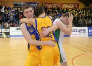 25 January 2012; St. Vincent’s Glasnevin players Branden Egan and Killian Scully, right, celebrate their side's victory. All-Ireland Schools Cup U19C Boys Final, St. Vincent’s Glasnevin, Dublin v Tallaght Community School, Dublin, National Basketball Arena, Tallaght, Dublin. Picture credit: Pat Murphy / SPORTSFILE