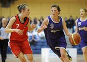 25 January 2012; Niamh Brennan, Our Lady's Castleblayney, in action against Niamh O'Brien, St. Angela's Waterford. All-Ireland Schools Cup U19B Girls Final, Our Lady's Castleblayney, Monaghan v St. Angela's Waterford, National Basketball Arena, Tallaght, Dublin. Picture credit: Pat Murphy / SPORTSFILE