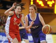 25 January 2012; Niamh Brennan, Our Lady's Castleblayney, in action against Jane Furlong, St. Angela's Waterford. All-Ireland Schools Cup U19B Girls Final, Our Lady's Castleblayney, Monaghan v St. Angela's Waterford, National Basketball Arena, Tallaght, Dublin. Picture credit: Pat Murphy / SPORTSFILE