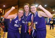 25 January 2012; Our Lady's Castleblayney players, from left, Elaine McKernan, Niamh Brennan, and Nadine Rice celebrate after the game. All-Ireland Schools Cup U19B Girls Final, Our Lady's Castleblayney, Monaghan v St. Angela's Waterford, National Basketball Arena, Tallaght, Dublin. Picture credit: Pat Murphy / SPORTSFILE