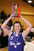 25 January 2012; Our Lady's Castleblayney captain Niamh Brennan lifts the cup. All-Ireland Schools Cup U19B Girls Final, Our Lady's Castleblayney, Monaghan v St. Angela's Waterford, National Basketball Arena, Tallaght, Dublin. Picture credit: Pat Murphy / SPORTSFILE