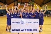 25 January 2012; The Our Lady's Castleblayney team celebrate with the cup after the game. All-Ireland Schools Cup U19B Girls Final, Our Lady's Castleblayney, Monaghan v St. Angela's Waterford, National Basketball Arena, Tallaght, Dublin. Picture credit: Pat Murphy / SPORTSFILE