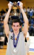 25 January 2012; Kevin McGettigan, Glenties Comprehensive, lifts the cup. All-Ireland Schools Cup U16C Boys Final, Glenties Comprehensive, Donegal v Colaiste Pobail Setanta, Dublin, National Basketball Arena, Tallaght, Dublin. Picture credit: Pat Murphy / SPORTSFILE