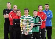 25 January 2012; Shamrock Rovers captain Craig Sives holding the Setanta Sports Cup with, from left to right, Brian Gartland, Portadown, Owen Heary, Bohemians, Matthew Snoddy, Crusaders, Kieran Marty Waters, Bray Wanderers, Ryan McBride, Derry City, and Michael Gault, Linfield, in attendance at the Setanta Sports Cup 2012 launch & first round draw. Aviva Stadium, Lansdowne Road, Dublin. Picture credit: Matt Browne / SPORTSFILE