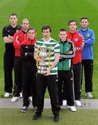 25 January 2012; Shamrock Rovers captain Craig Sives holding the Setanta Sports Cup with, from left to right, Brian Gartland, Portadown, Owen Heary, Bohemians, Matthew Snoddy, Crusaders, Kieran Marty Waters, Bray Wanderers, Ryan McBride, Derry City, and Michael Gault, Linfield, in attendance at the Setanta Sports Cup 2012 launch & first round draw. Aviva Stadium, Lansdowne Road, Dublin. Picture credit: Matt Browne / SPORTSFILE
