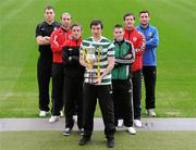 25 January 2012; Shamrock Rovers captain Craig Sives holding the Setanta Sports Cup with, from left to right, Brian Gartland, Portadown, Owen Heary, Bohemians, Matthew Snoddy, Crusaders, Kieran Marty Waters, Bray Wanderers, Ryan McBride, Derry City, and Michael Gault, Linfield, in attendance at the Setanta Sports Cup 2012 launch & first round draw. Aviva Stadium, Lansdowne Road, Dublin. Picture credit: Matt Browne / SPORTSFILE