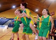 25 January 2012; The Clonaslee VS players celebrate at the end of the game. All-Ireland Schools Cup U19C Girls Final, Pobail Scoil Inbhear Sceine, Kenmare, Cork v Clonaslee VS, Laois, National Basketball Arena, Tallaght, Dublin. Picture credit: Pat Murphy / SPORTSFILE