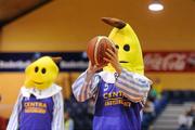 25 January 2012; Our Lady's Castleblayney mascots Stephen Forde and Gavin Brady, dressed as Bananas in Pyjamas, attempt a free throw during half time. All-Ireland Schools Cup U19B Girls Final, Our Lady's Castleblayney, Monaghan v St.Angela's Waterford, National Basketball Arena, Tallaght, Dublin. Picture credit: Pat Murphy / SPORTSFILE