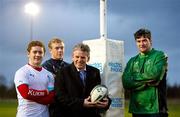 26 January 2012; Electric Ireland set to energise Under-20’s Six Nations Home Series. Seventh season of Electric Ireland support for Buccaneer’s staging of home games. Electric Ireland will sponsor the three Ireland home games in the U20 Six Nations Championship at Dubarry Park, Athlone. Pictured in attendance at the announcement were, from left, Patrick Jackson, Ulster, Conor Gilsenan, Leinster, Ken McKervey, Commercial Manager, Electric Ireland, and Daniel Qualter, Connacht. Dubarry Park, Athlone, Co. Westmeath. Picture credit: Brendan Moran / SPORTSFILE