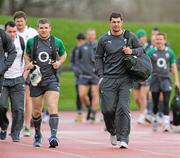 26 January 2012; Ireland players Gordon D'Arcy, left, and Rob Kearney arrive for squad training ahead of their RBS Six Nations Rugby Championship game against Wales on February 5th. Ireland Rugby Squad Training, University of Limerick, Limerick. Picture credit: Diarmuid Greene / SPORTSFILE