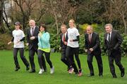 26 January 2012; Linda Byrne, Dundrum South Dublin Athletic Club, left, with, from left to right, Derek Keating, T.D., Senator Fidelma Healy-Eams, Senator Eamonn Coghlan, race director, Kate O'Neill, Metropolitan Harriers & St. Brigid’s Athletic Club, Senator Martin McAleese and Jim Kelly, Assistant Area Manager, Dublin City Council, in attendance at the 2012 Kleinwort Benson Investors St. Patrick’s 5k Festival Road Race launch photocall. Merrion Square Park, Merrion Square, Dublin. Picture credit: Ray McManus / SPORTSFILE