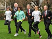 26 January 2012; Linda Byrne, Dundrum South Dublin Athletic Club, left, with, from left to right, Derek Keating, T.D., Senator Fidelma Healy-Eams, Senator Eamonn Coghlan, race director, Kate O'Neill, Metropolitan Harriers & St. Brigid’s Athletic Club, and Senator Martin McAleese in attendance at the 2012 Kleinwort Benson Investors St. Patrick’s 5k Festival Road Race launch photocall. Merrion Square Park, Merrion Square, Dublin. Picture credit: Ray McManus / SPORTSFILE