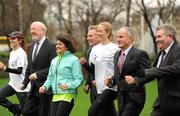 26 January 2012; Linda Byrne, Dundrum South Dublin Athletic Club, left, with, from left to right, Derek Keating, T.D., Senator Fidelma Healy-Eams, Senator Eamonn Coghlan, race director, Kate O'Neill, Metropolitan Harriers & St. Brigid’s Athletic Club, Senator Martin McAleese and Jim Kelly, Assistant Area Manager, Dublin City Council, in attendance at the 2012 Kleinwort Benson Investors St. Patrick’s 5k Festival Road Race launch photocall. Merrion Square Park, Merrion Square, Dublin. Picture credit: Ray McManus / SPORTSFILE