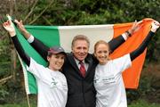 26 January 2012; Senator Eamonn Coghlan, race director, with Linda Byrne, Dundrum South Dublin Athletic Club, left, and Kate O'Neill, Metropolitan Harriers & St. Brigid’s Athletic Club, in attendance at the 2012 Kleinwort Benson Investors St. Patrick’s 5k Festival Road Race launch photocall. Merrion Square Park, Merrion Square, Dublin. Picture credit: Ray McManus / SPORTSFILE