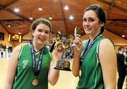 26 January 2012; St. Angela's College captains Deirdre Green, left, and Kate McAuliffe celebrate with the cup. All-Ireland Schools Cup U19A Girls Final, St. Angela's College, Cork v Colaiste Iosagain, Dublin, National Basketball Arena, Tallaght, Dublin. Picture credit: Brian Lawless / SPORTSFILE