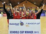 26 January 2012; The Colaiste an Phiarsaigh team celebrate with the cup. All-Ireland Schools Cup U16A Girls Final, Colaiste an Phiarsaigh, Glanmire, Cork v Malahide CS, Dublin, National Basketball Arena, Tallaght, Dublin. Picture credit: Brian Lawless / SPORTSFILE