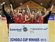26 January 2012; The Colaiste an Phiarsaigh team celebrate with the cup. All-Ireland Schools Cup U16A Girls Final, Colaiste an Phiarsaigh, Glanmire, Cork v Malahide CS, Dublin, National Basketball Arena, Tallaght, Dublin. Picture credit: Brian Lawless / SPORTSFILE