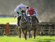 26 January 2012; Zaidpour, with Ruby Walsh up, on their way to winning the John Mulhern Galmoy Hurdle after jumping the last from second place Voler La Vedette with Andrew Lynch. Gowran Park, Gowran, Co. Kilkenny. Picture credit: Matt Browne / SPORTSFILE
