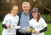 26 January 2012; Sean Hawkshaw, CEO of Kleinwort Benson Investors, with Linda Byrne, Dundrum South Dublin Athletic Club, right, and Kate O'Neill, Metropolitan Harriers & St. Brigid’s Athletic Club, in attendance at the 2012 Kleinwort Benson Investors St. Patrick’s 5k Festival Road Race launch photocall. Merrion Square Park, Merrion Square, Dublin. Picture credit: Ray McManus / SPORTSFILE