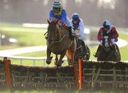 26 January 2012; Concrete And Clay, with Matthew Bowes up, jump the last on their way to winning the Martinstown Opportunity Handicap Hurdle. Gowran Park, Gowran, Co. Kilkenny. Picture credit: Matt Browne / SPORTSFILE