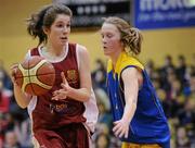 26 January 2012; Elaine Fitzpatrick, Our Lady's Templemore, in action against Kate Leneghan, Christ the King. All-Ireland Schools Cup U16B Girls Final, Christ the King, Cork v Our Lady's Templemore, Tipperary, National Basketball Arena, Tallaght, Dublin. Picture credit: Brian Lawless / SPORTSFILE