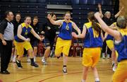 26 January 2012; Christ the King players and twin sisters Ciara McCarthy and Hannah McCarthy, left, celebrate at the final whistle. All-Ireland Schools Cup U16B Girls Final, Christ the King, Cork v Our Lady's Templemore, Tipperary, National Basketball Arena, Tallaght, Dublin. Picture credit: Brian Lawless / SPORTSFILE