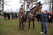 26 January 2012; On His Own, with David Casey and trainer Willie Mullins after they won the Goffs Thyestes Handicap Steeplechase. Gowran Park, Gowran, Co. Kilkenny. Picture credit: Matt Browne / SPORTSFILE