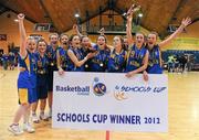 27 January 2012; The Cross and Passion Kilcullen team celebrate after the game. All-Ireland Schools Cup U16C Girls Final, Loreto Mullingar, Westmeath v Cross and Passion Kilcullen, Kildare, National Basketball Arena, Tallaght, Dublin. Picture credit: Barry Cregg / SPORTSFILE