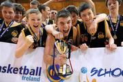 27 January 2012; Christian Brothers College captain Dylan Lenihan, centre, celebrates victory with his team-mates, from left, Daniel Mulcahy, Nick Moore, Ross Murphy, Eoin Barrett, Jack Hartnett and Sam Seymour. All-Ireland Schools Cup U16B Boys Final, Christian Brothers College, Cork v St. Clement's, Limerick, National Basketball Arena, Tallaght, Dublin. Picture credit: Barry Cregg / SPORTSFILE