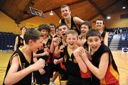 27 January 2012; Christian Brothers College players celebrate after the game. All-Ireland Schools Cup U16B Boys Final, Christian Brothers College, Cork v St. Clement's, Limerick, National Basketball Arena, Tallaght, Dublin. Picture credit: Barry Cregg / SPORTSFILE