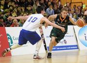 27 January 2012; James Brownlee, St. Mary's CBGS, Belfast, in action against Scott Butler, St. Conleths, Dublin. All-Ireland Schools Cup U19B Boys Final, St. Mary's CBGS, Belfast v St. Conleths, Dublin, National Basketball Arena, Tallaght, Dublin. Picture credit: Barry Cregg / SPORTSFILE