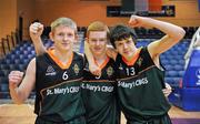 27 January 2012; St.Mary's CBGS  players, from left to right, Matthew Kerr, James Mallon and Michael Breen celebrate their side's victory. All-Ireland Schools Cup U19B Boys Final, St. Mary's CBGS, Belfast v St. Conleths, Dublin, National Basketball Arena, Tallaght, Dublin. Picture credit: Barry Cregg / SPORTSFILE
