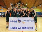 27 January 2012; St. Mary's CBGS players celebrate with the cup. All-Ireland Schools Cup U19B Boys Final, St. Mary's CBGS, Belfast v St. Conleths, Dublin, National Basketball Arena, Tallaght, Dublin. Picture credit: Barry Cregg / SPORTSFILE
