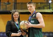 27 January 2012; Receiving the Most Valuable Player award from Competitions Officer of Basketball Ireland Louise O'Loughlin is St. Mary's CBGS' David Durkan. All-Ireland Schools Cup U19B Boys Final, St. Mary's CBGS, Belfast v St. Conleths, Dublin, National Basketball Arena, Tallaght, Dublin. Picture credit: Barry Cregg / SPORTSFILE