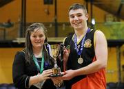 27 January 2012; Receiving the winning trophy from Competitions Officer of Basketball Ireland Louise O'Loughlin is Christian Brothers College captain Dylan Lenihan. All-Ireland Schools Cup U16B Boys Final, Christian Brothers College, Cork v St. Clement's, Limerick, National Basketball Arena, Tallaght, Dublin. Picture credit: Barry Cregg / SPORTSFILE