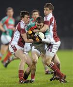 27 January 2012; Keith Higgins, Mayo, in action against Jason Doherty, left, and Neil Douglas, N.U.I. Galway. FBD Insurance League Home Final, N.U.I. Galway v Mayo, McHale Park, Castlebar, Co. Mayo. Photo by Sportsfile