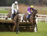 28 January 2012; Darroun, left, with Paul Townend up, jumps the last on their way to winning The Leopardstown.com Maiden Hurdle ahead of eventual second placed Hisaabaat with Andrew Lynch up. Leopardstown Racecourse, Leopardstown, Co. Dublin. Photo by Sportsfile