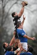 28 January 2012; Richie Leyden, Old Belvedere, wins possession for his side in a lineout ahead of Stephen Bradshaw, St Mary's College. Ulster Bank League, Division 1A, Old Belvedere v St Mary's College, Anglesea Road, Ballsbridge, Dublin. Picture credit: Brendan Moran / SPORTSFILE