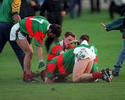 29 September 1996; Mayo players Noel Connelly, 7, David Brady, front, John Casey, 14, and Kevin Cahill, sit dejected after defeat by Meath in the ALL-Ireland Final. Meath v Mayo, Bank of Ireland All-Ireland Football Championship Final, Croke Park, Dublin. Picture credit; David Maher / SPORTSFILE
