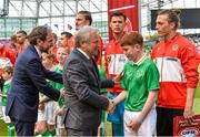 11 June 2017;  High Commissioner for Human Rights Zeid Ra’ad Al Hussein and Austrian Football Association president Friedrich Stickler shake hands with Austrian players ahead of the FIFA World Cup Qualifier Group D match between Republic of Ireland and Austria at Aviva Stadium, in Dublin. Photo by David Maher/Sportsfile