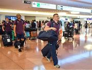 12 June 2017; Andrew Conway of Ireland, right, followed by team-mates Simon Zebo and Kieron Marmion, on arrival into Haneda Airport in Tokyo, Japan, ahead of their 2 test matches against Japan. Photo by Brendan Moran/Sportsfile