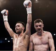 10 June 2017; Padraig McCrory, left, celebrates his victory over Jacob Lucas following their Light-Heavyweight bout at the Boxing in Belfast in the SSE Arena, Belfast. Photo by David Fitzgerald/Sportsfile