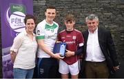 12 June 2017; Gavin Lee from Clarinbridge GAA Club, Co Galway, pictured with Dublin’s Liam Rushe, Anne-Claire Monde, left, John West Marketing Manager, and Martin Skelly, right, Chairman, National Féile Committee, after placing second in the boys hurling competition at the John West Skills Day in the National Sports Campus on Saturday 10th June. The Skills Day is an opportunity for Ireland’s rising football, hurling & camogie stars to show their skills ahead of the John West Féile na nÓg and John West Féile na nGael competitions. At Abbottstown in Dublin.  Photo by Cody Glenn/Sportsfile