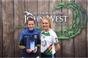 12 June 2017; First-place finisher Melissa O'Kane, from St Brigid's Gaels GAA Club, Co Longford, pictured with Monaghan footballer Eimear McAnespie, after winning the girls football competition at the John West Skills Day in the National Sports Campus on Saturday 10th June. The Skills Day is an opportunity for Ireland’s rising football, hurling & camogie stars to show their skills ahead of the John West Féile na nÓg and John West Féile na nGael competitions. At Abbottstown in Dublin.  Photo by Cody Glenn/Sportsfile