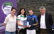 12 June 2017; First-place finisher Melissa O'Kane from St Brigid's Gaels GAA Club, Co Longford, pictured with Cavan's Aisling Doonan, Anne-Claire Monde, left, John West Marketing Manager, and Martin Skelly, right, Chairman, National Féile Committee, after winning the girls football competition at the John West Skills Day in the National Sports Campus on Saturday 10th June. The Skills Day is an opportunity for Ireland’s rising football, hurling & camogie stars to show their skills ahead of the John West Féile na nÓg and John West Féile na nGael competitions. At Abbottstown in Dublin.  Photo by Cody Glenn/Sportsfile