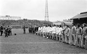 30 October 1974; Republic of Ireland and Soviet Union players stand together for the national anthems ahead of the game. European Championship 1976 Qualifier - Group 6, Republic of Ireland v Soviet Union, Dalymount Park, Dublin. Picture credit: Connolly Collection / SPORTSFILE