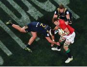 13 June 2017; Iain Henderson of the British & Irish Lions is tackled by Liam Coltman, left, and Gareth Evans of the Highlanders during the match between the Highlanders and the British & Irish Lions at Forsyth Barr Stadium in Dunedin, New Zealand. Photo by Stephen McCarthy/Sportsfile
