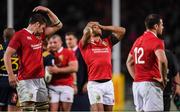13 June 2017; British and Irish Lions players, from left, Iain Henderson, Jonathan Joseph and Robbie Henshaw following the match between the Highlanders and the British & Irish Lions at Forsyth Barr Stadium in Dunedin, New Zealand. Photo by Stephen McCarthy/Sportsfile