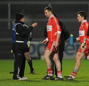 28 January 2012; Derry manager John Brennan talks to James Conway, Derry, after he was sent in the first half. Power NI Dr. McKenna Cup Final, Derry v Tyrone, Morgan Athletic Grounds, Armagh. Picture credit: Oliver McVeigh / SPORTSFILE