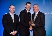 28 January 2012; Uachtarán CLG Criostóir Ó Cuana presents Shane Callan, from Louth, with his Nicky Rackard award, alongside Alan Smullen, General Manager, Croke Park Hotel. The Christy Ring, Nicky Rackard & Lory Meagher Champion 15 Awards 2011, Croke Park, Dublin. Picture credit: Barry Cregg / SPORTSFILE
